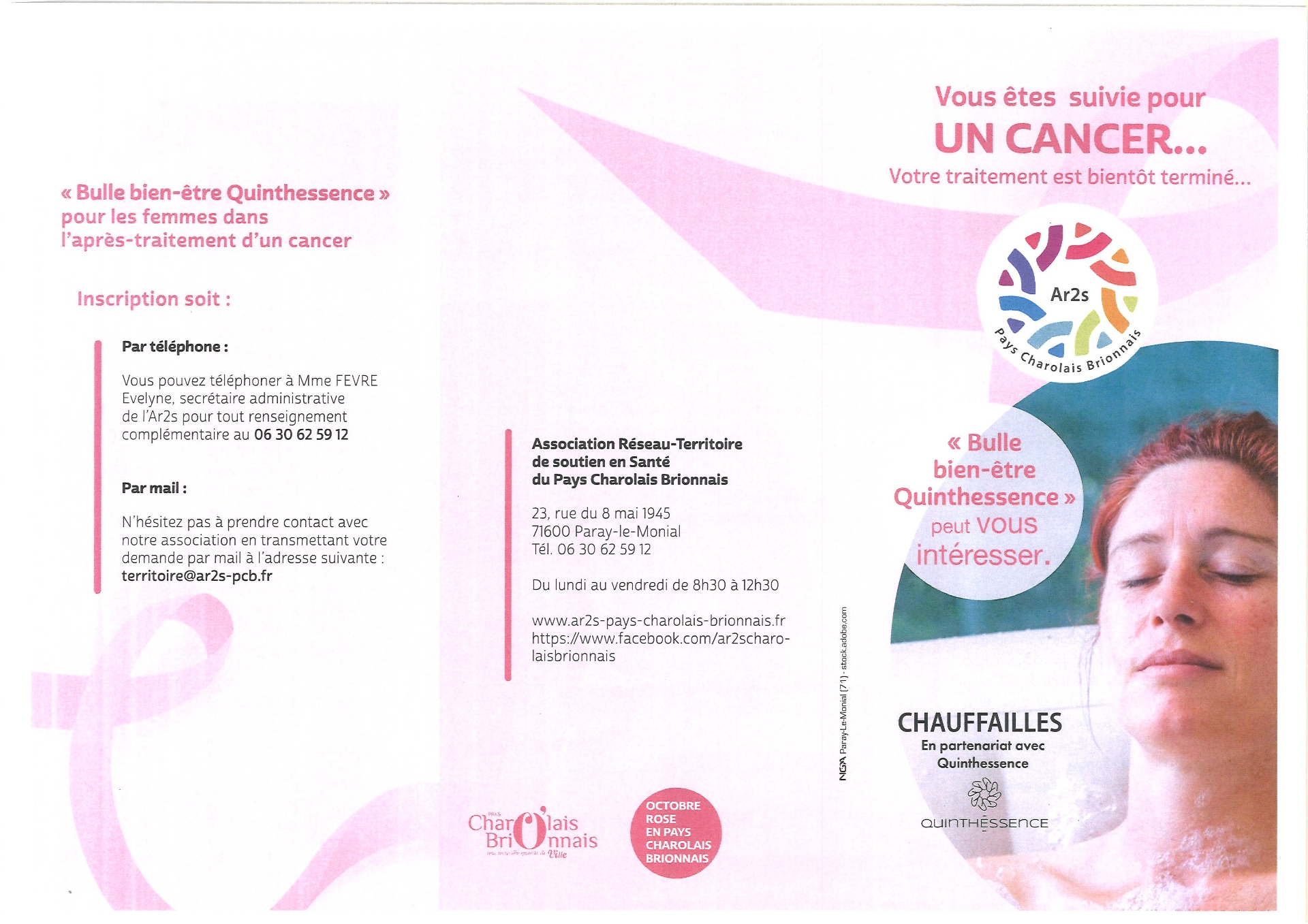 👉 L'association Ar2s Pays Charolais-Brionnais organise une nouvelle action « Bulle bien-être » à l’institut Quinthessence de Chauffailles.  🎀Cette initiative est destinée aux femmes en fin de traitement de cancer et vise à améliorer leur qualité de vie ainsi que leur bien-être. 📅Cette parenthèse bien-être débutera le 7 octobre 2025 (sur inscription) pour 10 séances, les mardis de 15h30 à 19h00, au 22 avenue Charles Rousset 71170 Chauffailles. 