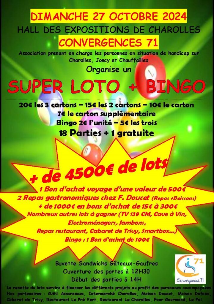 👉 Super Loto + Bingo  - Convergences 71  🗓 27 octobre 2024 ⏱Début des parties à 14h00 ⌚Ouverture des portes à 12h30 🏁 Parc des expositions du Charolais  + infos : https://www.convergences71.fr/