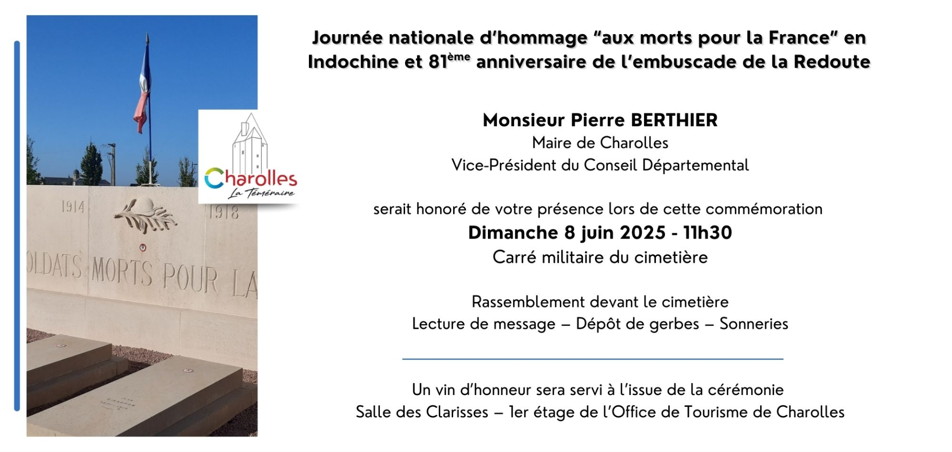 🇨🇵 Journée nationale d’hommage “aux morts pour la France” en Indochine et 81ème anniversaire de l’embuscade de la Redoute #souvenirfrancais   📅 8 juin 2025 ⌚ 11h30 🏁Carré militaire du cimetière - Rassemblement devant le cimetière 
