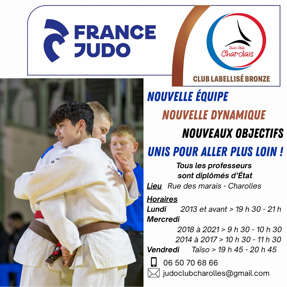 🥋Venez essayer au Judo Club Charolais  📅Dès le début septembre 📫Rue des Marais  + infos : 06 50 70 68 66 ou judoclubcharolles@gmail.com 