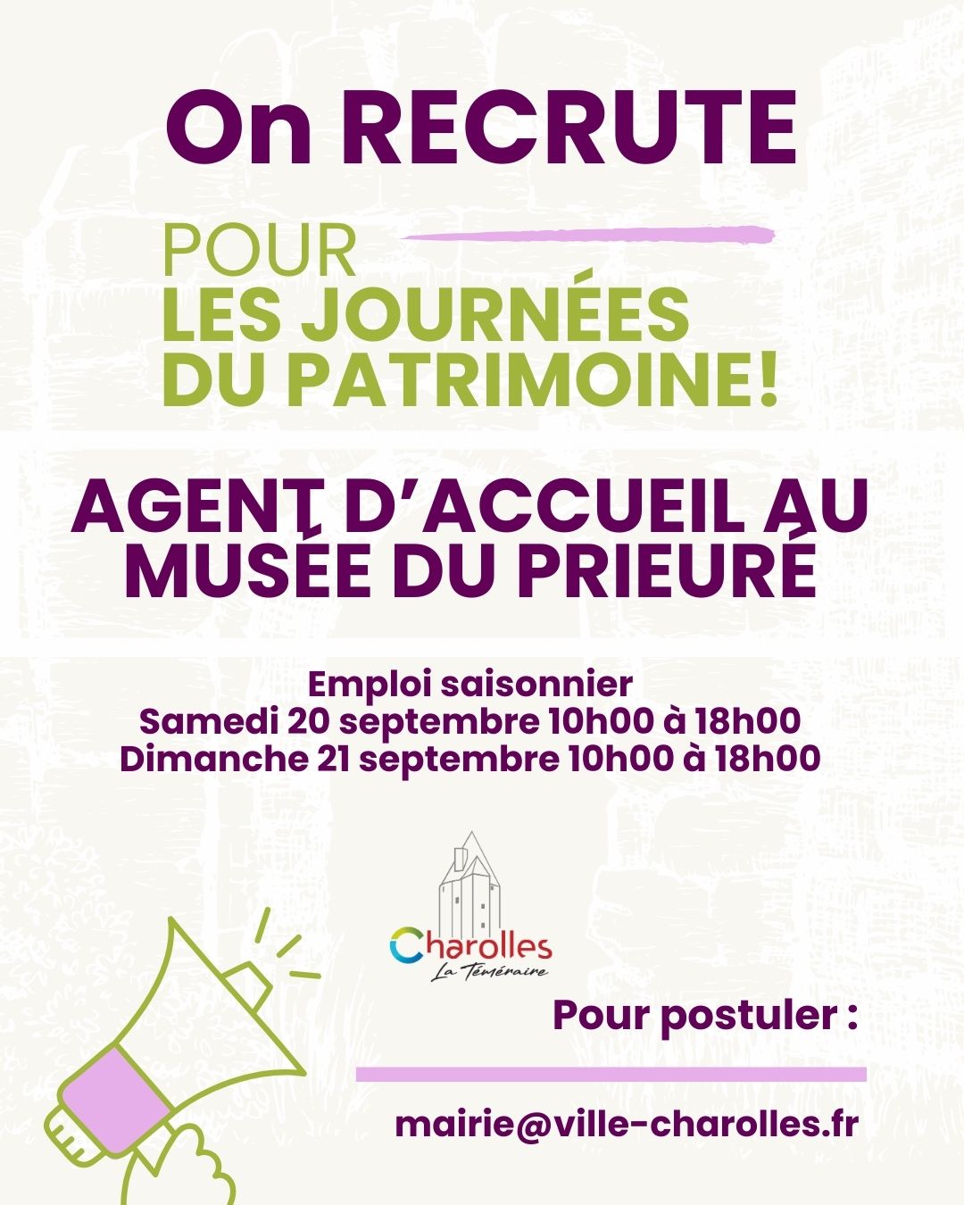 👉 La Ville de Charolles recrute un emploi saisonnier pour les Journées du Patrimoine 